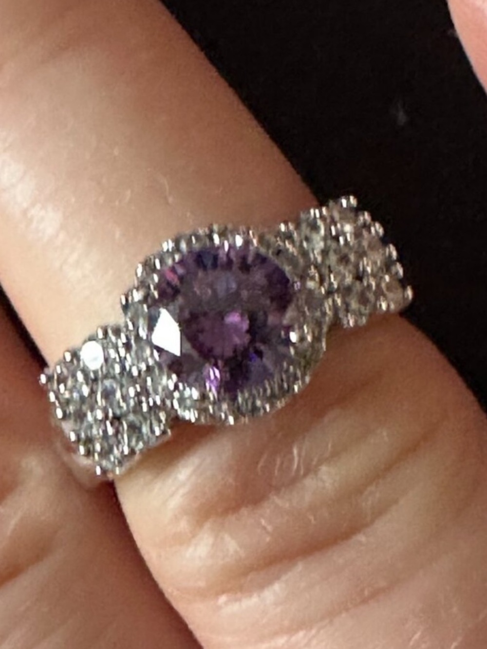 Sterling Silver Ring with Purple Center Stone and Clear Accents